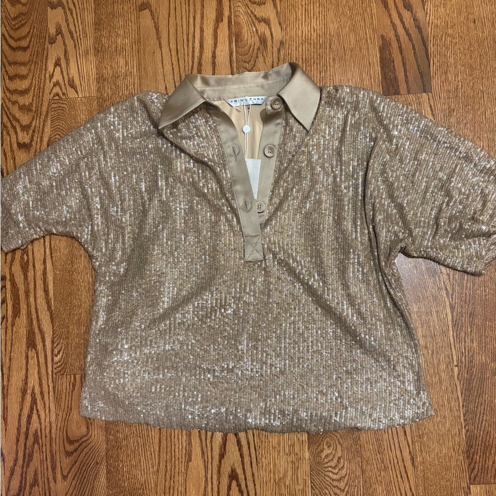 Trina Turk Champagne Sequin Polo Top - Picture 2 of 3